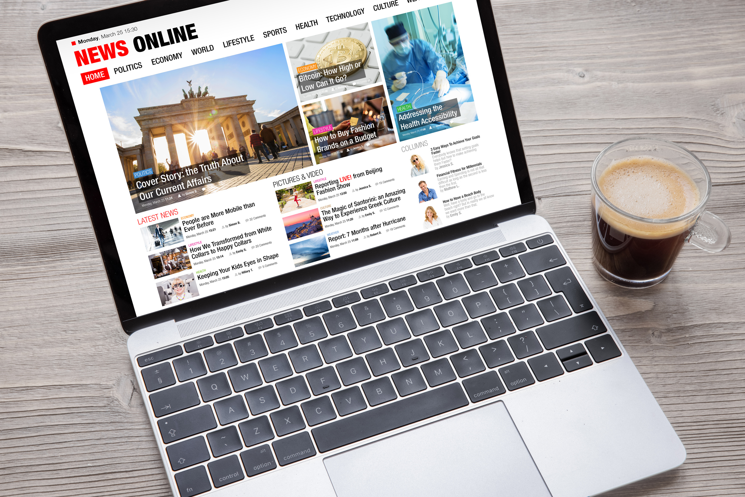 Sample news website opened on laptop's screen. All contents on website are completely made up.